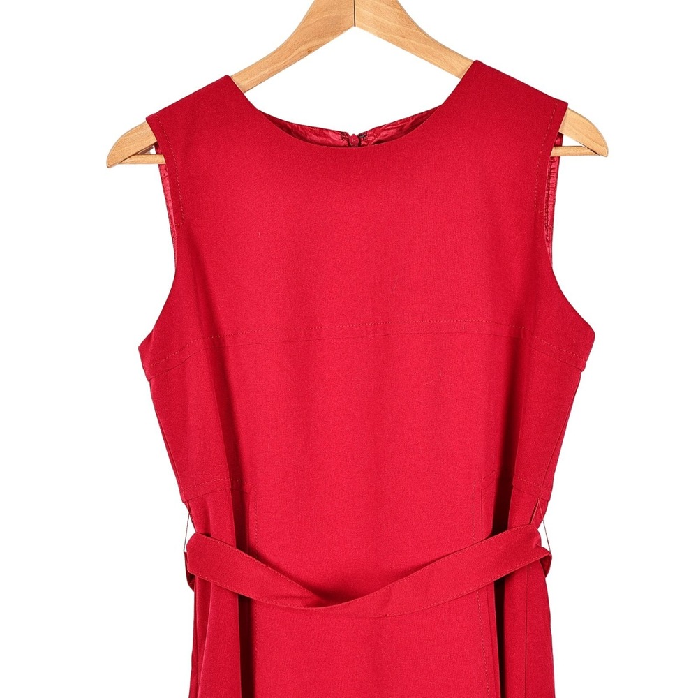 Studio I Red Sleeveless Belted Sheath Dress 8P Midi Tie Waist Women Petite - Picture 2 of 8